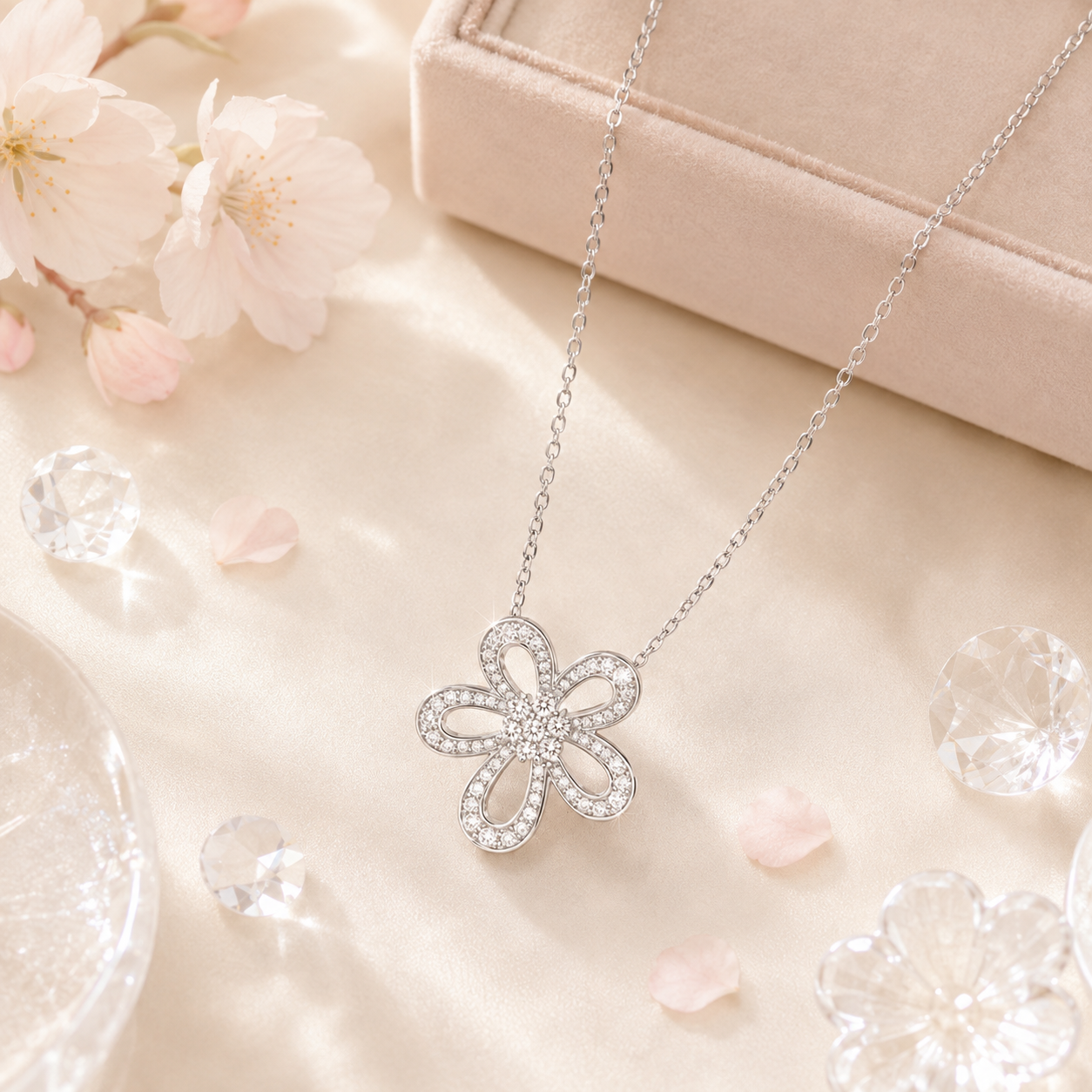 ジュエリーボックスに添えられた「Fleur」フラワーモアサナイトネックレス。桜とクリスタルが引き立てる、透明感あふれる輝きとシルバー925の美しい質感。