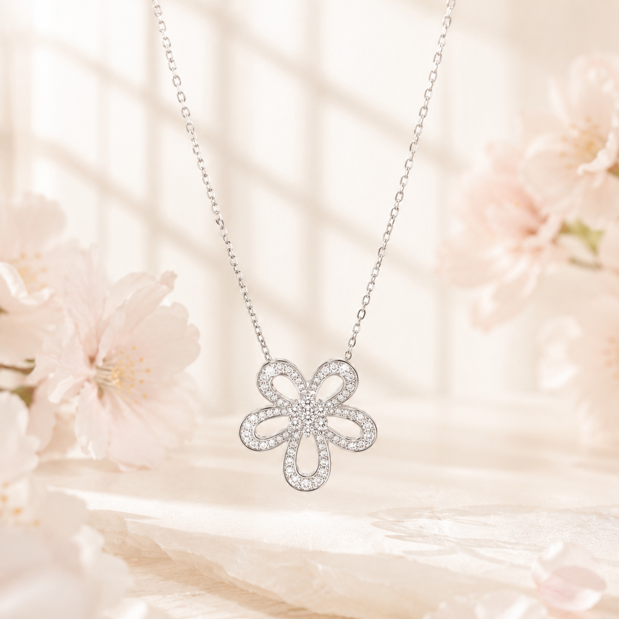 満開の桜を背景に煌めく、SV925製の「Fleur」フラワーネックレス。モアサナイトを贅沢に敷き詰めた、抜け感のある花びらデザイン。