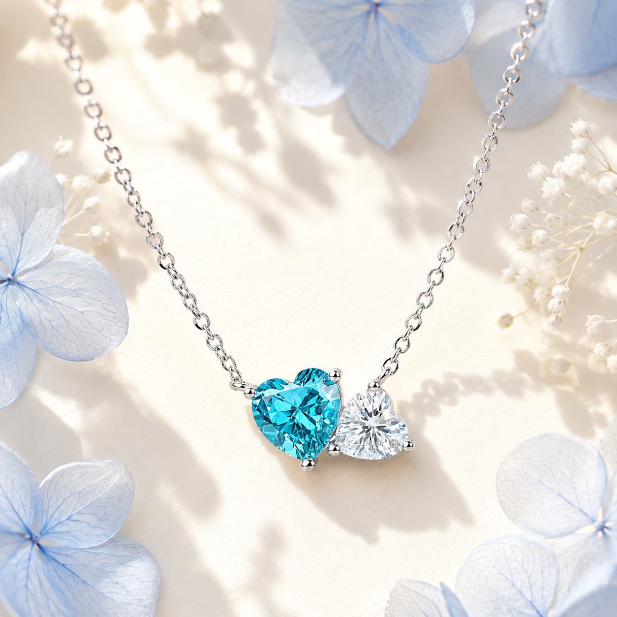 ブルーとクリアのダブルハートが輝くAzurモアサナイトネックレスとブルーの花