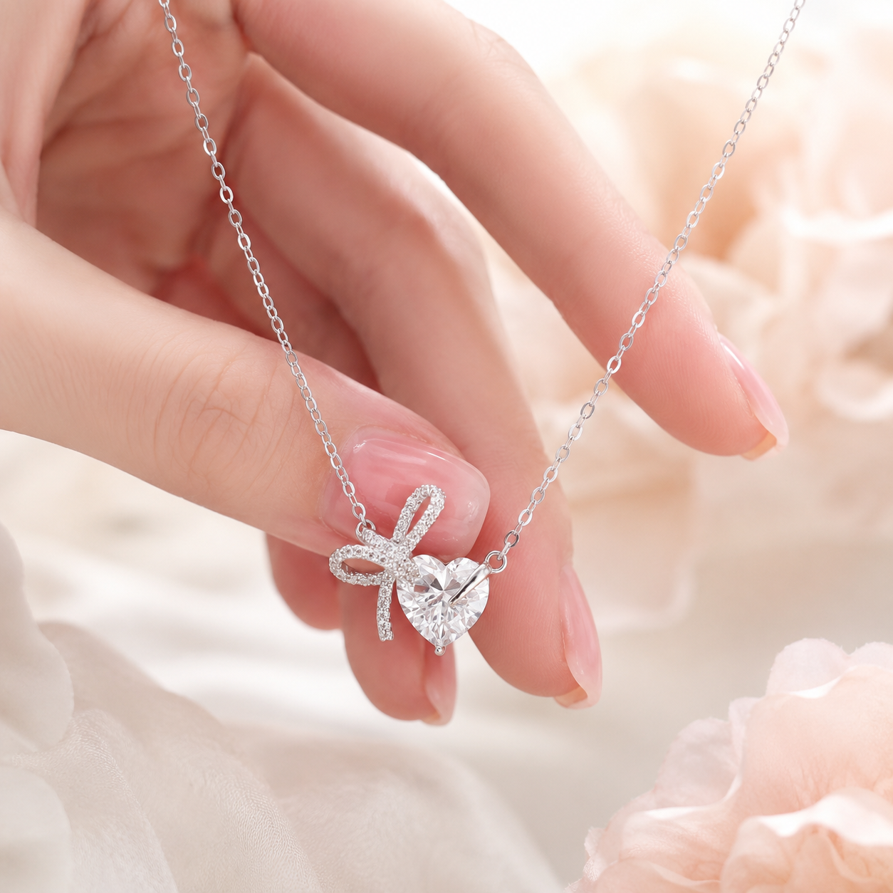 Tendre リボンハート モアサナイトネックレスを手に持ったモチーフのディテール画像